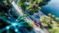 Aerial view of a smart city park visualized with IoT network connections and digital data overlays Royalty Free Stock Photo