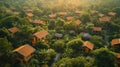 Aerial View of a Smart Eco-Village, showcasing sustainable living with a twist of vibrant, morning colors