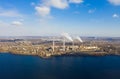 Aerial view of smoke from the pipes of power plant station Royalty Free Stock Photo