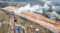 Aerial view smoking chimney of the gas boiler plant. Ecological problem