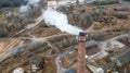 Aerial view smoking chimney of the gas boiler plant. Ecological problem