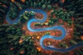 Aerial view of snake road in colorful autumn forest at sunrise