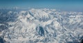 Aerial view of snow capped Himalayan mountains on the flight from Tibet to Nepal.