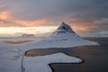 Aerial view of the snow-capped Mount Kirkjufell in early spring in Iceland. Royalty Free Stock Photo