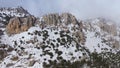 Aerial view of the snow-capped peaks of the mountains in the interior of Alicante. Royalty Free Stock Photo