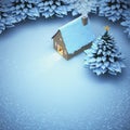 Aerial view snow christmas. the light out come the door home and Royalty Free Stock Photo