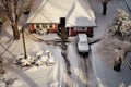 aerial view of snow-covered driveway and shovel Royalty Free Stock Photo