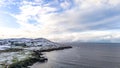 Aerial view of snow covered Dunmore Head, Bunaninver and Lackagh by Portnoo in County Donegal, Ireland.