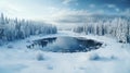 Aerial view of snow covered forest around beautiful lake. Rime ice and hoar frost covering trees. Scenic winter landscape Royalty Free Stock Photo