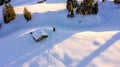 Aerial view of snow covered houses in small rural town in Switzerland Royalty Free Stock Photo