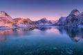 Aerial view of snow covered mountains and sea at colorful sunset Royalty Free Stock Photo