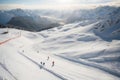 An aerial view of a snow-covered ski slope , with skiers and snowboarders