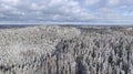 Aerial view of snow-covered Vallamagi hill with forest and Haanja upland in Voru county, Estonia