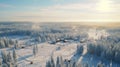 Aerial View Of Snow Covered Village In Winter - Cinematic Cabincore Stock Photo