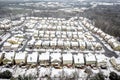 Aerial view snow fall on houses in Atlanta Georgia suburbs