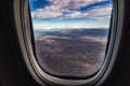 Aerial view of snow peak of Fitz roy mountain range in El Chalten in clear blue sky from an airplane window about to landing in El Royalty Free Stock Photo