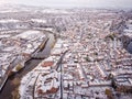 Aerial view of snowed in traditional housing suburbs in England.