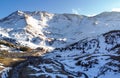 Aerial aerial view of the snowy Ampriu Valley at the Cerler ski resort (Huesca, Spain) on a sunny day Royalty Free Stock Photo