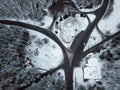 Aerial view snowy forest and road Winter landscape Royalty Free Stock Photo