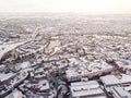 Aerial view of snowy historic English town, Shrewsbury.