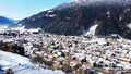 Aerial view snowy little village Pinzolo Trentino Alto Adige Dolomites Italy in winter