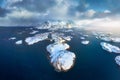 Aerial view of snowy Lofoten islands, Norway in winter at sunset Royalty Free Stock Photo