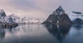 Aerial view of snowy mountains, islands, rorbuer, sea in winter