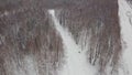 Aerial view of snowy pine trees and a little meandering stream. Clip. Aerial view of winter forest covered in snow Royalty Free Stock Photo