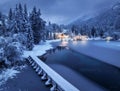 Aerial view of snowy village, trees, lake, street lights at night Royalty Free Stock Photo