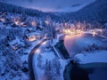 Aerial view of snowy village, trees, lake, street lights at night Royalty Free Stock Photo