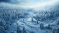 Aerial view of snowy winding road in woods in winter. Landscape of white forest with snow, sky and frozen trees. Concept of nature