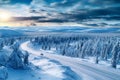 Aerial view of snowy winter forest in sunny day and straight road in the middle going forward Generative AI Royalty Free Stock Photo