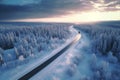 Aerial view of snowy winter forest in sunny day and straight road in the middle going forward Generative AI Royalty Free Stock Photo