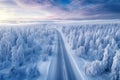 Aerial view of snowy winter forest in sunny day and straight road in the middle going forward Generative AI Royalty Free Stock Photo