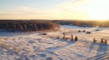 Aerial Winter Landscape: Golden Light Over Snowy Field And Trees