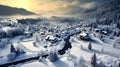 Aerial view of a snowy wintry valley with a riverside village and surrounding mountains, made with generative ai Royalty Free Stock Photo