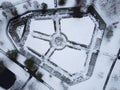 Aerial view of the snowy Zuiderpark rose garden in Netherlands