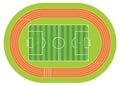 Aerial view of a soccer field drawn with white line on a green background with a running track around the soccer field Royalty Free Stock Photo