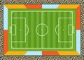 Aerial view of a soccer field drawn with white line on a green background with spaces for advertising around the court Royalty Free Stock Photo