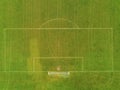 Aerial view soccer football pitch with goal post.