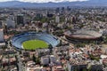 Aerial view of soccer stadium and bullfight ring in mexico cit