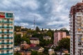 Aerial view of Sochi with contrasting thunderclouds, Russia