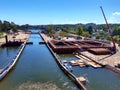 Aerial view of the Sodertalje canal towards the entrance from the Baltic Sea with three bridges crossing the canal