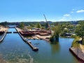 Aerial view of the Sodertalje canal towards the entrance from the Baltic Sea with three bridges crossing the canal