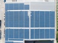 Aerial View of Solar Panel on Factory Rooftop, Solar energy electric panels creation on a storage building. Royalty Free Stock Photo