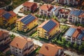 Aerial view of solar panels installed on the roofs of houses