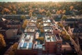 aerial view of solar panels on urban rooftops