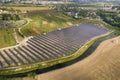 Aerial view of solar power plant. Electric panels for producing clean ecologic energy