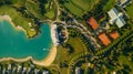 an aerial view of some golf course and surrounding a lake Royalty Free Stock Photo