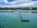 Aerial view of Sorrento Long Pier and The Baths Restaurant at Sunrise. Mornington Peninsula, Melbourne, Australia. Royalty Free Stock Photo